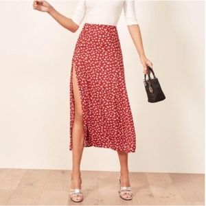 Reformation Red Grenadine Floral Side Slit Zoe Midi Skirt